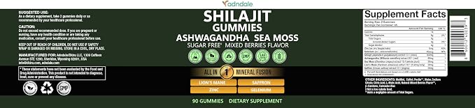 Adndale Himalayan Natural Shilajit Gummies for Men & Women, Sugar-Free Mixed Berries Flavor - with Ashwagandha, Sea Moss, Lion’s Mane & Saffron + Zinc & Selenium - 90 Gummies (45 Servings)