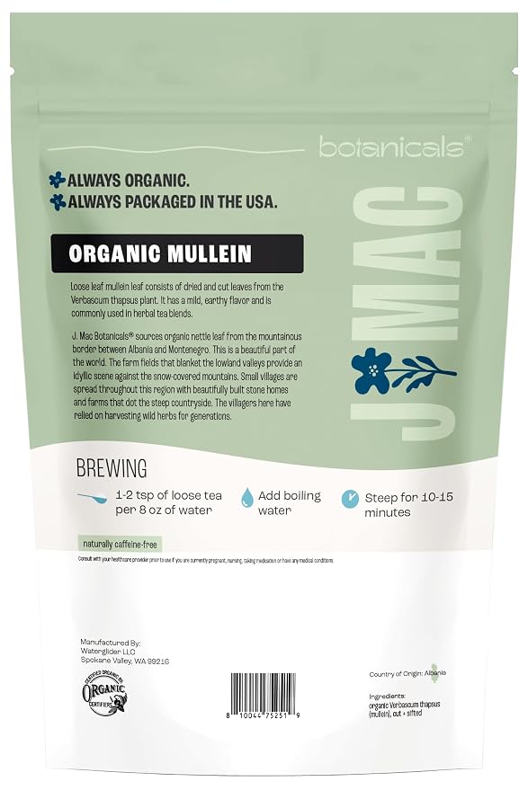 J Mac Botanicals Organic Mullein Leaves (4 oz) Certified USDA Organic Loose Leaf Herbal Tea