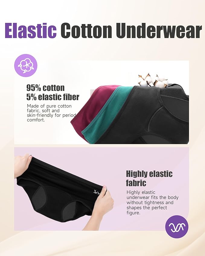 TANSTC Period Underwear for Women Heavy Flow | Leakproof Menstrual Panties Postpartum, Cotton Soft Breathable Briefs 3 Pack