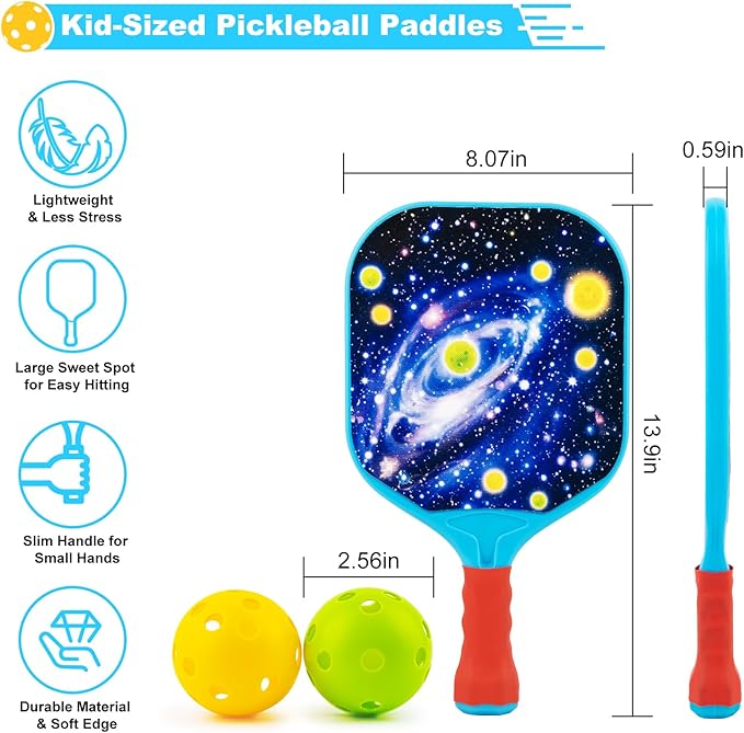 Foayex Kids Pickleball Paddles Set of 2, Child-Size Lightweight Pickleball Rackets with Comfort Grip, Birthday Gifts for Boys Girls Ages 4-8 Year Old, Toddler Outdoor Toys Yard Games