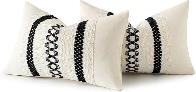 MIULEE Set of 2 Black Boho Decorative Lumbar Pillow Covers 12x20 Inch | Farmhouse Couch Throw Pillows, Modern Cotton Cushion Covers, Macrame Woven Spring Home Decor for Bed Sofa Chair