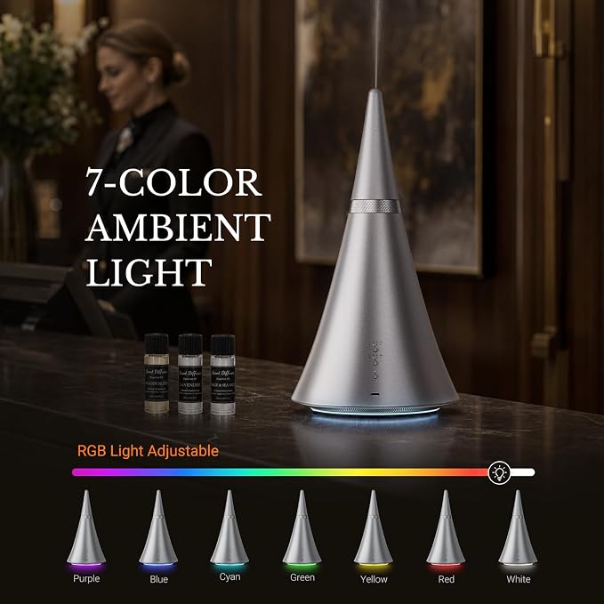Waterless Diffuser, 2000 Sq.Ft Coverage,Essential Oil Diffuser with Bluetooth App Remote Control, Adjustable Mist Mode, Timer, Mood Lights Aromatherapy Diffuser for Home, Office, Hotel