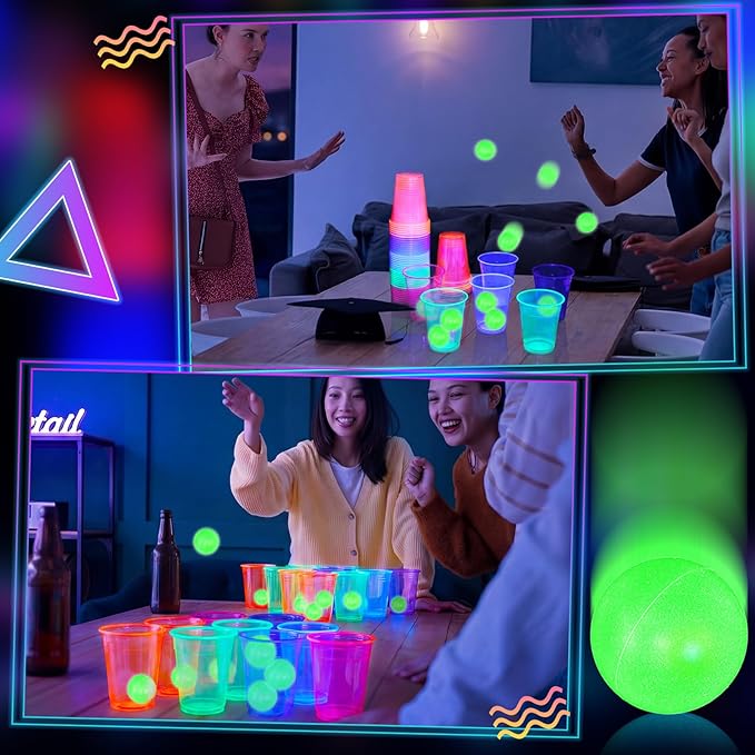 32 Pcs Glow in The Dark Party Table Tennis Game Set Include 24 Pcs Glowing Plastic Cups and 8 Balls for Indoor Outdoor Party Event Birthdays Weddings BBQ Parties