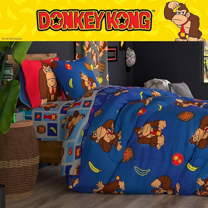 Collectibles Nintendo Donkey Kong Gaming Bedding 5 Piece Super Soft Reversible Comforter and Sheet Set with Sham, Twin, (Officially Licensed Product) By Franco