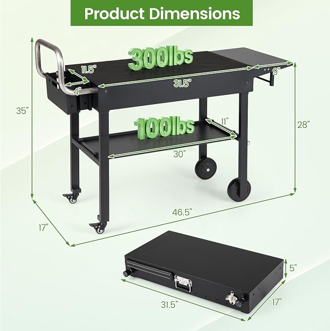 Happygrill Outdoor Grill Cart w/31” x 17” Tabletop for Blackstone Griddle | Foldable Grill Table w/Side Tray, Magnetic Tool Rack, Bottle Opener, Oil Mat, Hooks, BBQ Pizza Oven Table for Camping