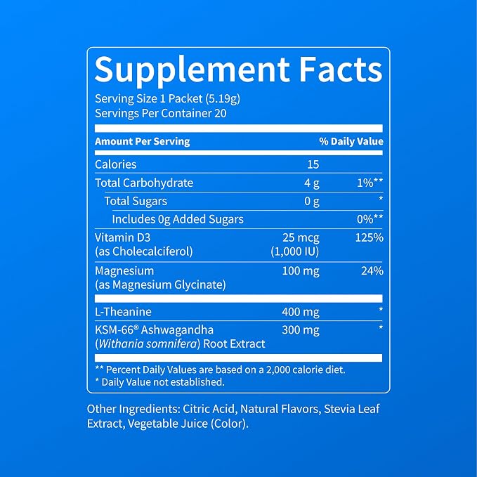 Nello Supercalm Powdered Drink Mix, Cortisol Reducer*, Sleep Aid Supplement, L Theanine, Ksm-66 Ashwagandha, Magnesium Glycinate, Vitamin D 3, No Sugar, Non GMO, 20 Ct, BlackBerry Lemonade