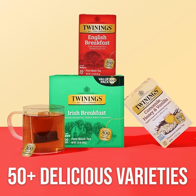 Twinings English Breakfast Black Tea Individually Wrapped Bags, 20 Count (Pack of 1), Flavourful, Robust, Caffeinated, Enjoy Hot or Iced, 20 Teabags