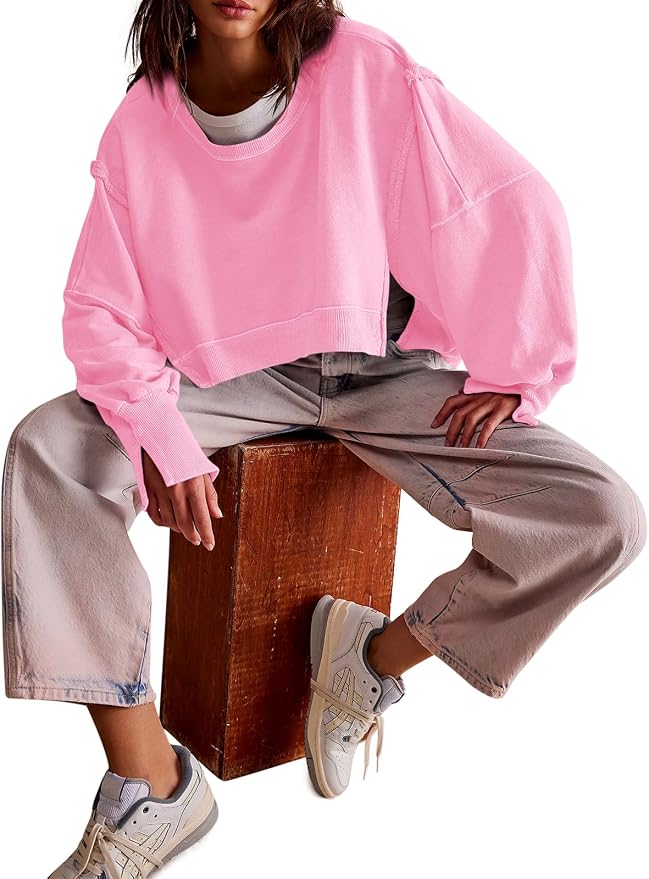 Zwurew Womens Casual Sweatshirt Cropped Shirts | Loose Fit, Tee Top, Pullover, Crop Hem, Design Trim, Daily Tops