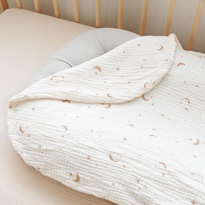 Konssy Muslin Baby Lounger Cover 2 Pack, 100% Cotton Newborn Lounger Cover, Soft and Breathable Baby Nest Slipcover for Boys Girls (Wheat,Moon)