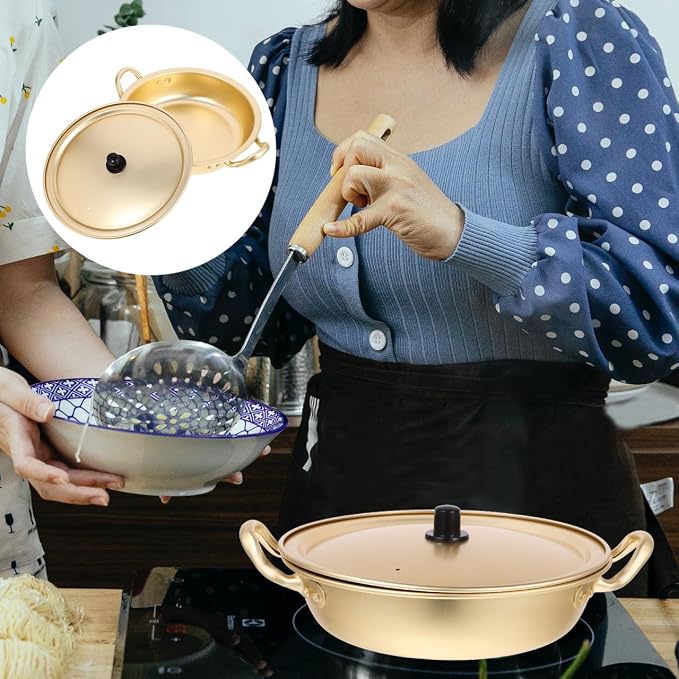 Luxshiny Korean Ramen Pot Lightweight Aluminum Noodle Cooker with Lid Double Handles Fast Heating Camping Cookware 9.44X9.44X2.75In