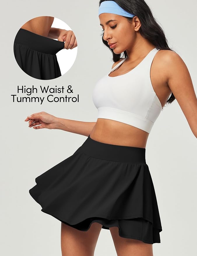 IUGA Tennis Skirt Pleated Skorts for Women with Pockets Skirts for Women | Double Ruffle Skort , Built-In Shorts, 2 Pockets, Tummy Control Breathable, Quick-dry, for Golf, Athletic, Running, Workout