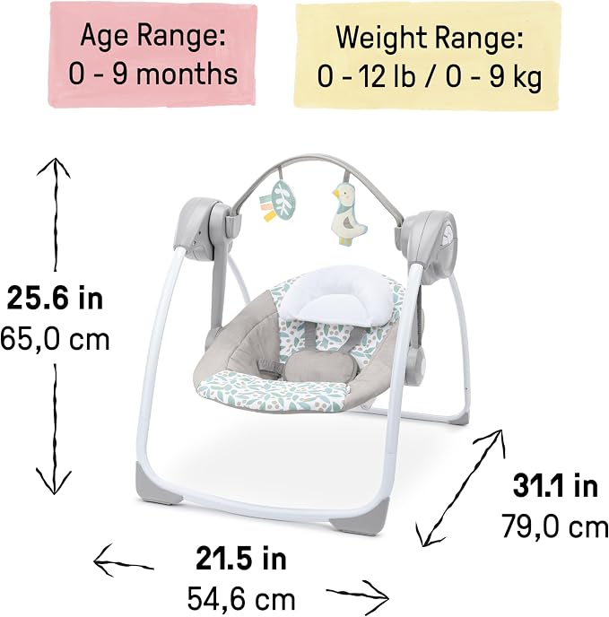 Ingenuity Comfort 2 Go Portable Swing - Endless Bloom - 6 Speeds - 10 Melodies - 2 Toys - 0-9M
