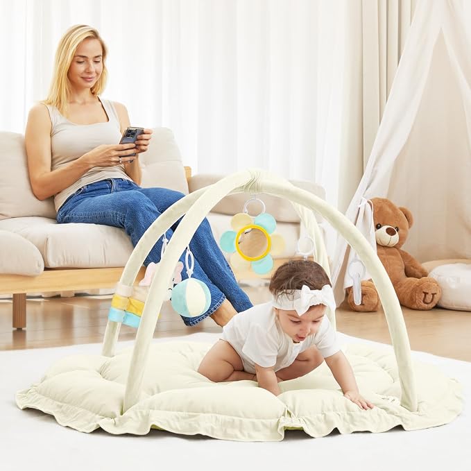 ANGELBLISS 5 in 1 Baby Play Gym Mat, Reversible Tummy Time Mat with 5 Sensory Toys for Stage-Based Developmental, Thick & Large Baby Activity Center from Newborn to Toddler (Beige)