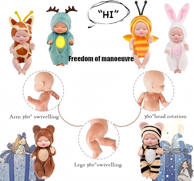 6 Pcs Mini Baby Dolls 4 Inch Gift Set, Cute Small Baby Doll Toys with Animal Clothes for Christmas Stockings, or Dollhouse Collections. (Style D)
