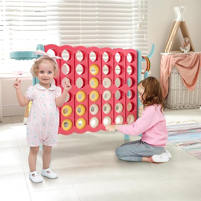 COSTWAY Jumbo 4-to-Score Giant Game Set for Kids & Adults, 2.5Ft Indoor Outdoor Game with Basketball Hoop, Ring Game, 42 Jumbo Rings, Quick-Release Slider, Perfect for Birth & Holiday Party