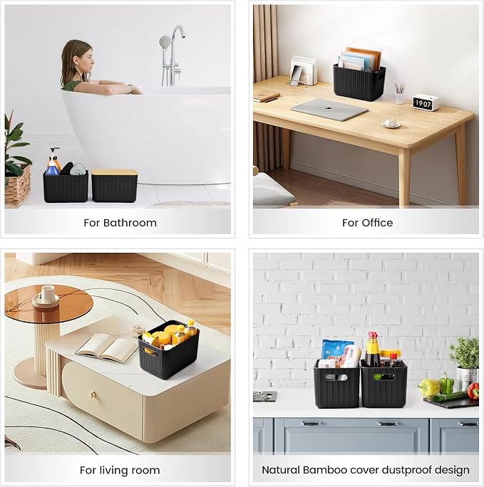 Ohmlove 4 Packs Storage Bins with Bamboo Lids - Plastic Storage Containers with Lids Stackable Storage Box: Storages Baskets for Organizing Desktop Closet Playroom Classroom Office, Black
