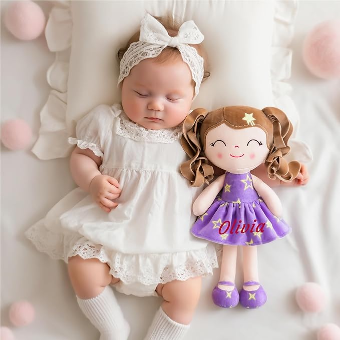 Gloveleya Personalized Baby Doll โ Custom Name Rag Doll Gift for Girls | Soft Plush Keepsake Toy | Birthday, Baby Shower & Holiday Present โ Purple Stars 12โโ
