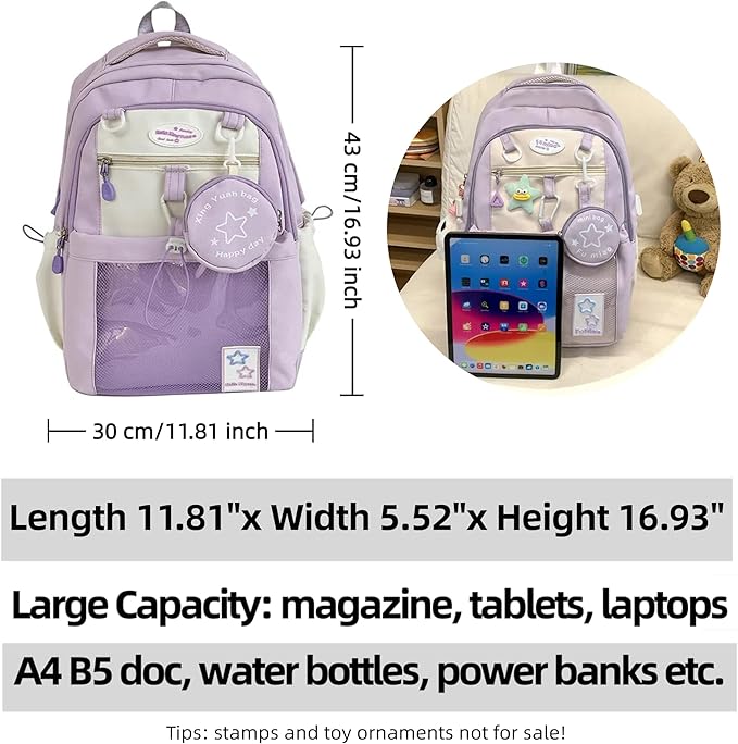 Kawaii Backpack Double Shoulder Bag with Cute Star Removable Pouch Clear Pocket Large Capacity Dopamine Colors Daypack (Clear Purple)