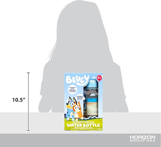 Bluey Decorate Your Own Water Bottle, Repositionable Stickers, Great For Bluey Birthday Parties, Summer Sports, and More, Reusable BPA-Free Water Bottle for Kids Ages 3, 4, 5, 6