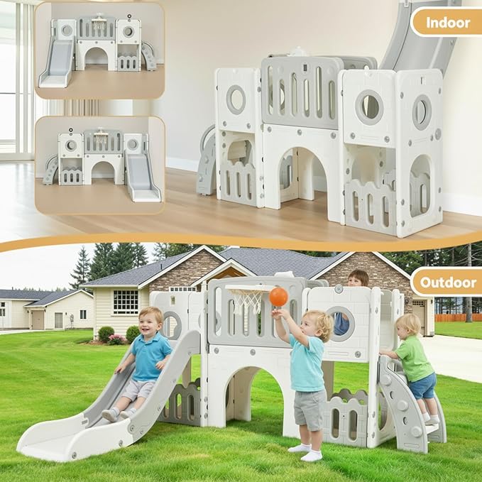 Arlopu 9 in 1 Toddler Slide Set, Kids Large Climber Slide Playset w/Long Slope, Telescope, Storage Space, Enclosed Steps, Indoor Outdoor Playground (White & Gray)