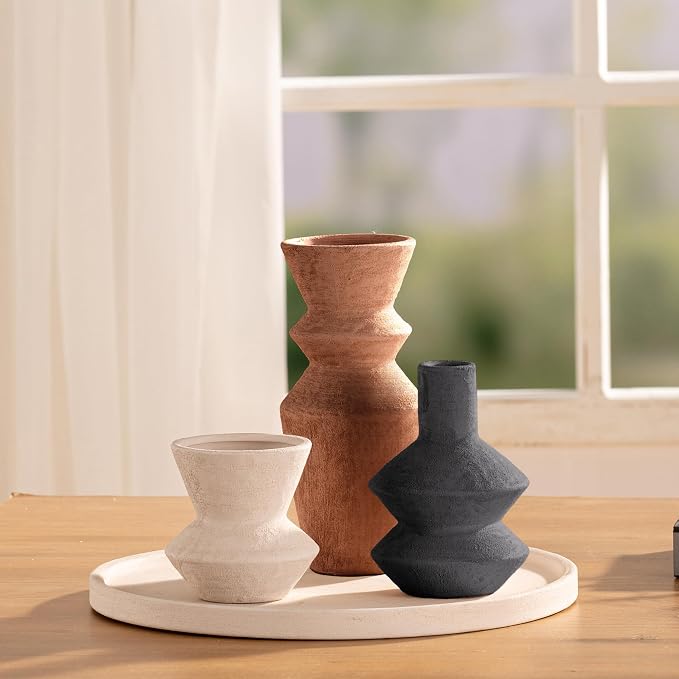 Ceramic Vase Home Table Decor - Flower Vase Set of 3 Living Room Kitchen Decorations Farmhouse Modern Rustic Vases Decorative Centerpiece for Shelf Bedroom Office Bathroom Dining Coffee Desk