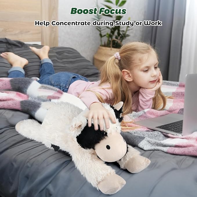 Bobbie & Laxi 24" & 4.5 lbs Weighted Cow Stuffed Animal, Adjustable Sitting & Laying Plush Toy Pillows with Removable Ceramsite Bag for Companion, Cuddly & Soft Gifts for Adults, Kids, Boys and Girls