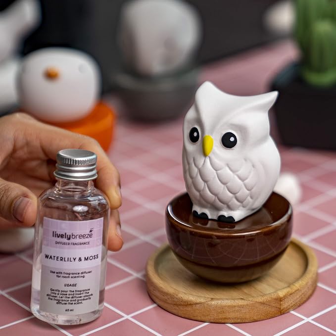Blinky Owl, Non-Electric Ceramic Diffusers for Essential Oils and Aromatherapy Fragrance, White Ceramic Diffusers in Car or Desk Office Decor and Small Bathroom at Home, Brown Vase