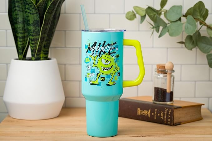 Silver Buffalo Disney Pixar Monsters Inc. Double Walled Stainless Steel Tumbler with Handle Featuring Mike Wazowski, Fits in Standard Cup Holder, 40 Ounces
