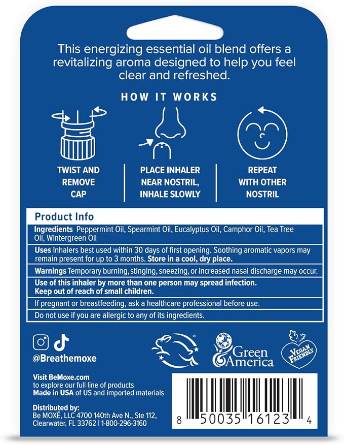 MOXE Migraine Relief Nasal Inhalers, Essential Oils for Headaches & Tension Relief, Portable Aromatherapy, Easy-to-Use, Pure & Undiluted, Peppermint, Spearmint, Eucalyptus, Tea Tree, 3 Pack