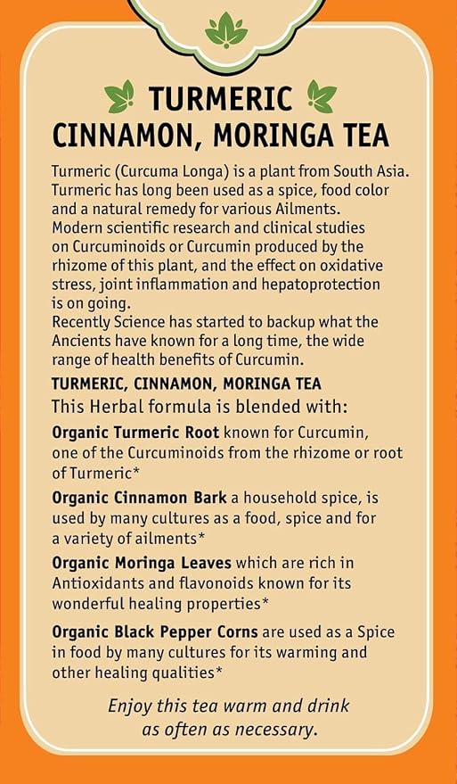 Herbal Cup Ayurveda Turmeric Tea, Organic Cinnamon Moringa, No Caffeine Herbal Supplement (16 Count, Pack of 1)
