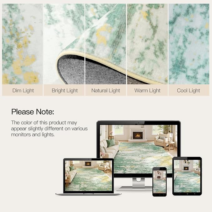 9x12 Area Rug for Living Room, Abstract Washable Large Rugs, Light Green | Soft Neutral Carpet for Bedroom, Dining Room, Home Office Nursery Indoor, Stain Resistant,Non-Slip, Low Pile, Modern Rug
