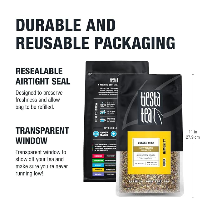 Tiesta Tea - Golden Milk, Loose Leaf, Sweet Turmeric Herbal Tea, Premium Non-Caffeinated Herbal Blend, Make Hot or Iced, Brews Up to 200 Cups, 16 oz Resealable Bulk Pouch