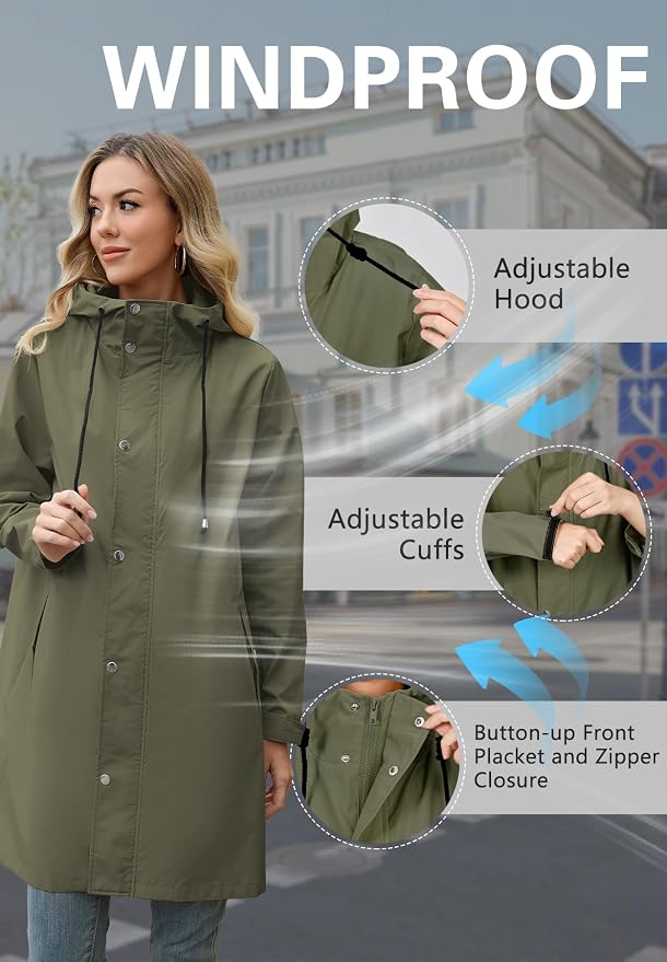 Zando Long Packable Rain Jacket Women Waterproof Raincoat with Hood | Relaxed-Fit Lightweight Windbreaker for Women; Travel Rain Coats for Commute, Hiking, Cruise, and Daily wear