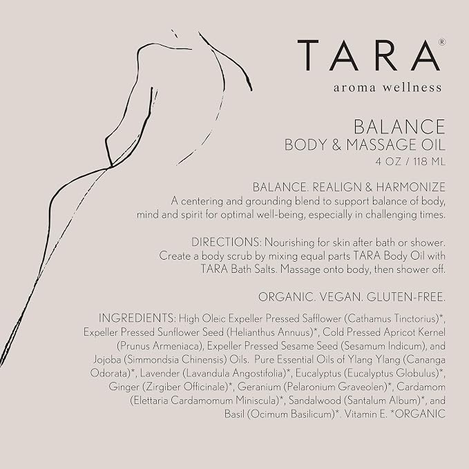 TARA Spa Therapy Balance Massage Oil – Premium Organic Oil for Relaxation & Stress Relief, 100% Pure Essential Oils, Ylang Ylang, Orange & Vetiver, 4 oz