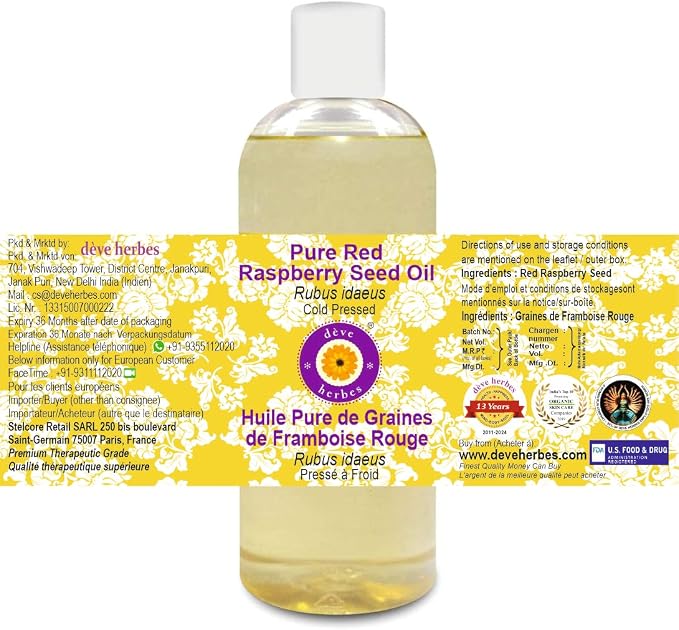 Deve Herbes Pure Red Raspberry Seed Oil (Rubus idaeus) Cold Pressed 200ml (6.76 oz)