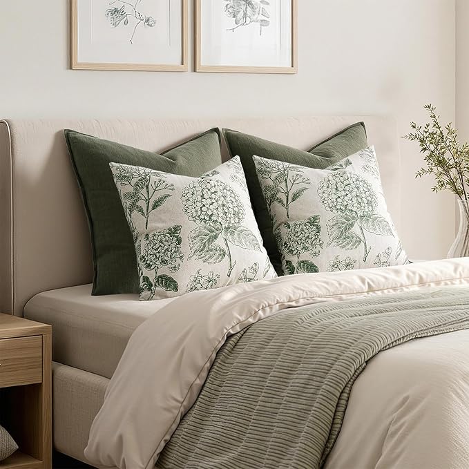 Set of 2 Decorative Floral Pillow Covers 22x22 Inch Dark Green | Neutral Hydrangea Print, Boho Vintage Throw Cushion Covers, Cottagecore Home Decor, for Sofa Couch Porch Bedroom Living Room