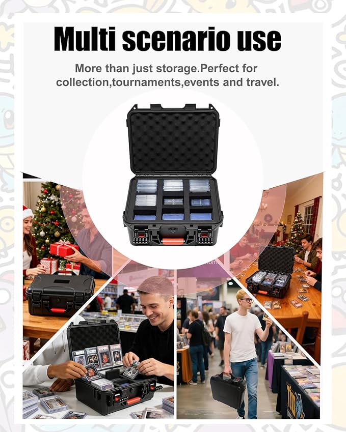 QINGUANG Graded Card Storage Box,Trading Card Case with 6 Foam Dividers,IP67 Waterproof PSA Slab Case for PSA/CSG/CGC/BGS Top Loaders Sports Cards (14.06"x11.81"x6.89")