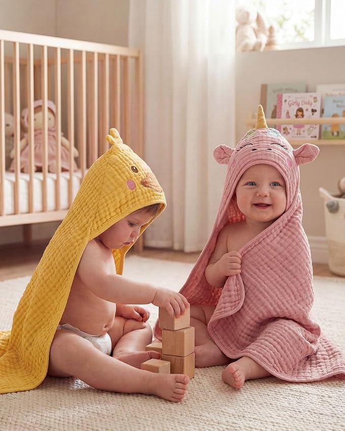 Blissful Diary Muslin Baby Hooded Towel 2 Pack, Soft & Absorbent Bath Towel for Infant, Toddler, Unisex, Baby Gift, Newborn Essentials, Sunny Duck & Dreamy Unicorn