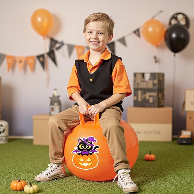 PlayZap Hopper Balls for Kids 3-8, Halloween Toys Orange 18 Inches Bouncy Ball with Handle, Pumpkin Inflatable Bouncing Jumping, Hippity Hop Toys Girls Boys Gifts