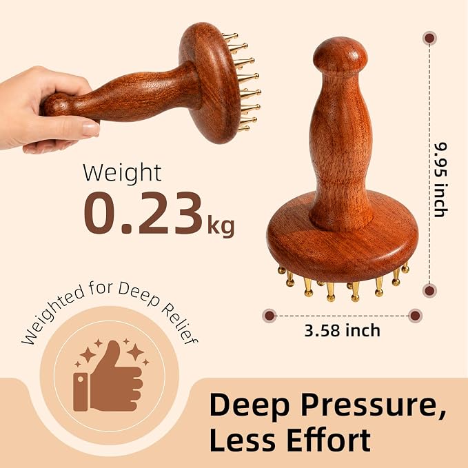 Oleamuo Meridian Massage Brush for Belly, 29-Teeth Brass Head Massage Tool | Rosewood Handle, Cooling Touch, for Scalp & Body Relief