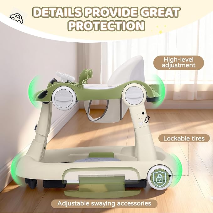 Baby Walker, 4-in-1 Baby Walker with Wheels Portable, Foldable Infant Toddler Walker for Boys Girls 6-18 Month (Bean Green)