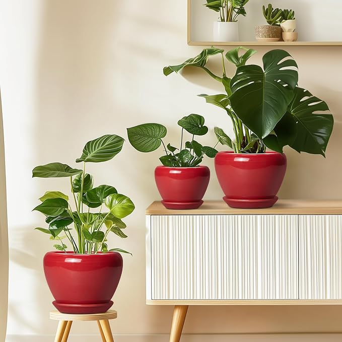 Ceramicfor 10 Inch Plant Pot - Ceramic Planter for Indoor Outdoor Plants, Glaze Modern Round Planter with Drainage Hole and Saucer, Gifts for Plant Lovers, Home Room Garden Decor, Red