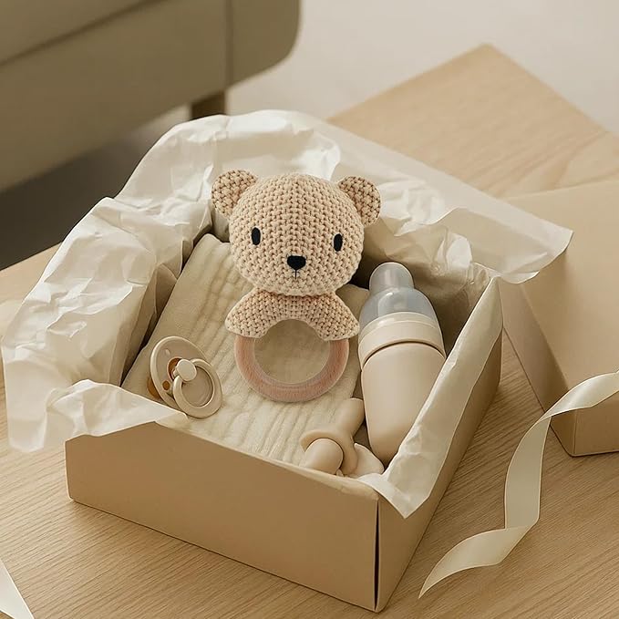 Teddy Bear Baby Rattle Toy 0-6 Months Crochet Knitted Plush Stuffed Animal Teether Natural Wood Ring Cute Bear Baby Gift Gentle Sound Shaker for Newborn Infant Crib Soothing Sleep Aid Gift