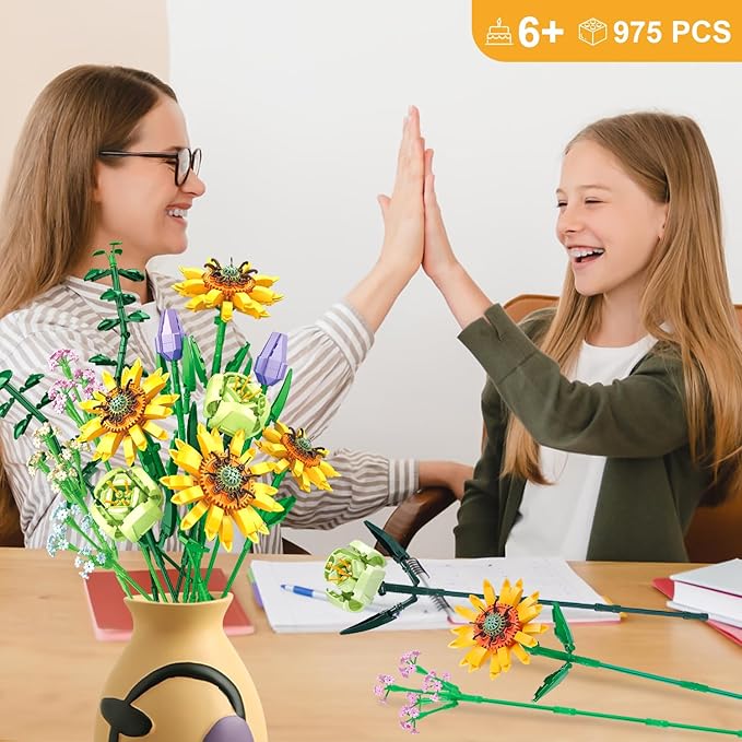 Flower Bouquet Building Blocks Sunflower Botanical Collection Bricks Sets Creative Toys Kits Mother's Day Birthday Aniversary Gifts for Adults Mom Girlfriends Old Kids 8-12, 6-12 (975 PCS)