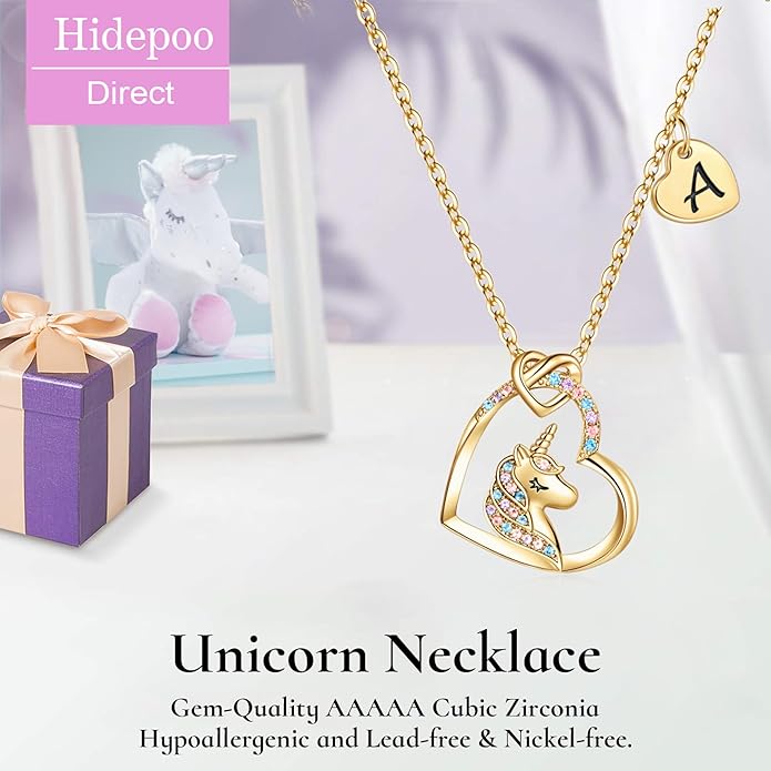 Hidepoo Valentines Gifts for Kids Girls - Unicorn Necklace Gifts for Teen Girls Kid, Colorful CZ Heart Pendant Initial Unicorn Necklaces for Girl Jewelry Birthday Gift for Girl Kid