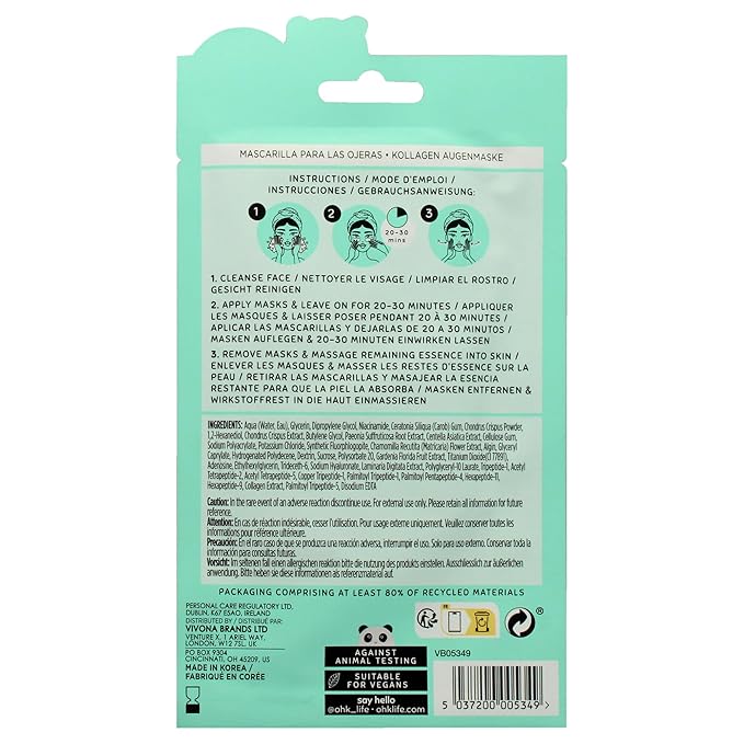 Oh K! Eye Mask - Collagen - Hydrating Under Eye Patches - Undereye Patches with Niacinamide, Hyaluronic Acid - Collagen Mask for Dark Circles - 1 Pair (Pack of 2)