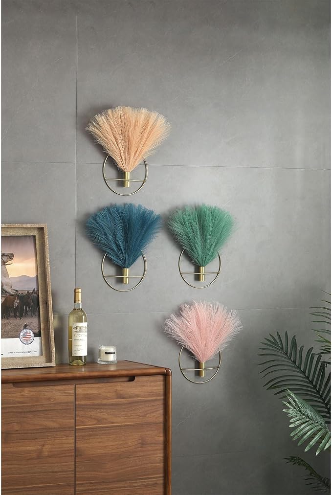 Pretty Jolly Boho Pampas Wall Decor Gold Metal Wall-Mounted Art | Morden Artificial Greenery Display,2 Pack Hanging Planter For Living Room, Bedroom, Bathroom, Dining room