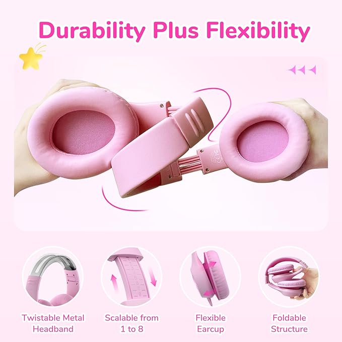 EarFun K3 Kids Headphones, USB Type C Over Ear Headphones for Kids, Volume Limit, HD Stereo Sound, Comfortable Fit, Foldable Wired Headphone for School/Travel/Boys/Girls/Tablet/iPad, Pink