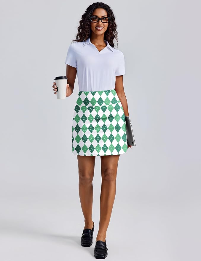 PINSPARK 18" Skorts for Woman Above Knee Length Golf Skirts 3 Pockets | High Waist, Built in Shorts, UV Protection, 4-Way Stretch, Soft, Dolphin Hem, Athletic, Tennis, Pickleabll, Casual