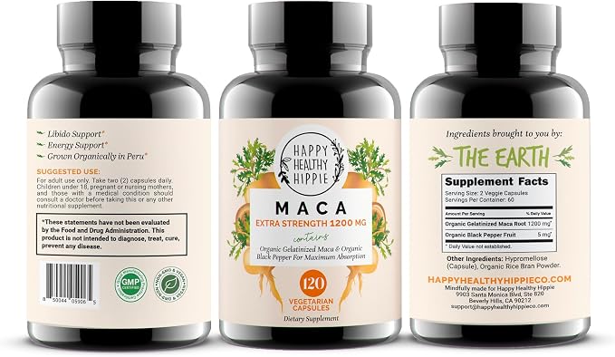 Organic Maca Root Capsules 1200 mg – Libido Booster for Women Fast Acting & Potent | Female Maca Supplement | Energy Pills from Peru | Includes Black Pepper for High Absorption | Vegan, 120 Ct